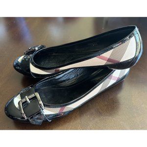 Burberry Womens Nova Check Ballet Flats Patent Leather Buckle, Size‎ 39.5